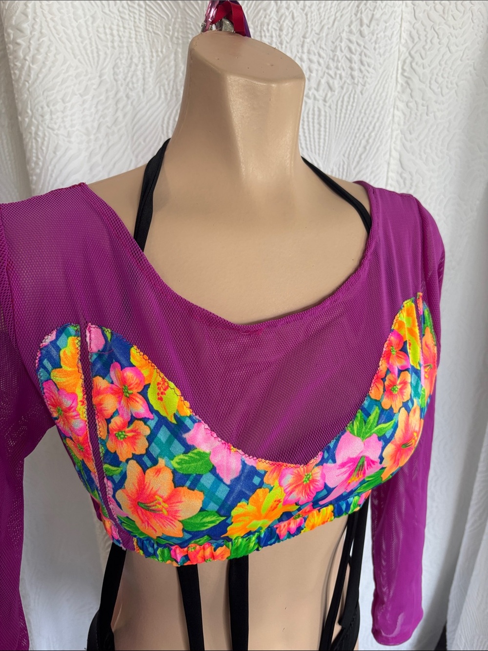 Magenta Floral Mesh Long-Sleeve Crop Top